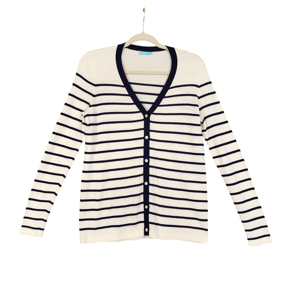 J McLaughlin Womens Navy White Striped Cotton Cashmere Cardigan Sweater Size XS